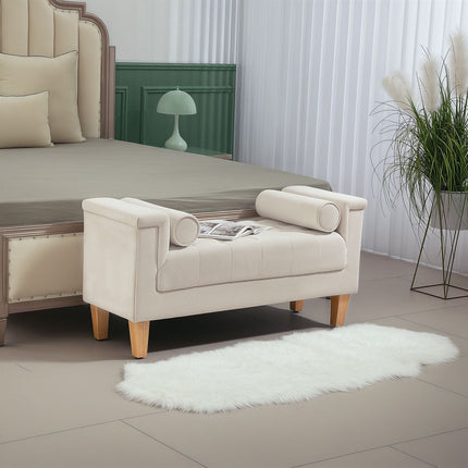 Chenille-gepolsterte Bank mit Armlehnen und Kissen, beige