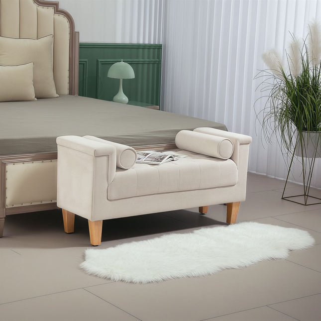 Chenille-gepolsterte Bank mit Armlehnen und Kissen, beige