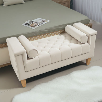Chenille-gepolsterte Bank mit Armlehnen und Kissen, beige