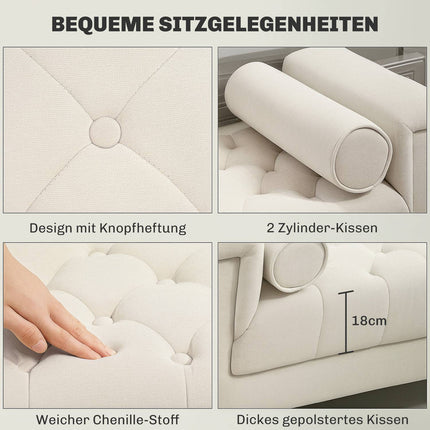 Chenille-gepolsterte Bank mit Armlehnen und Kissen, beige