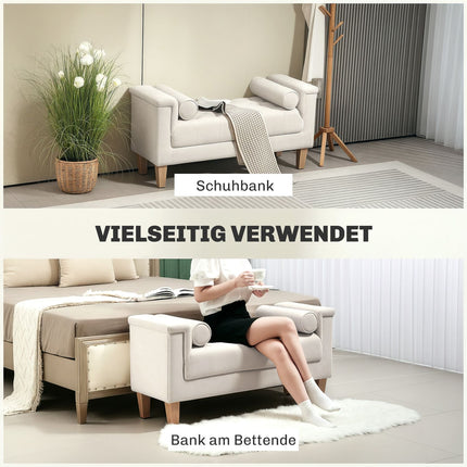 Chenille-gepolsterte Bank mit Armlehnen und Kissen, beige