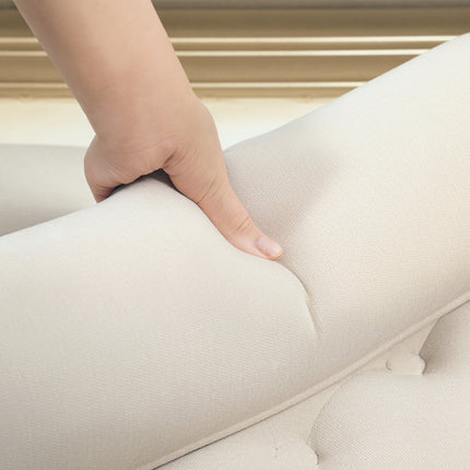Chenille-gepolsterte Bank mit Armlehnen und Kissen, beige