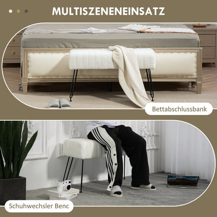 Gepolsterte cremefarbene Bank mit Metallbeinen, Kunstfell-Optik