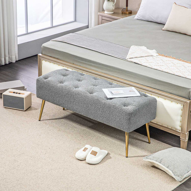 Upholstered Gray bench with tufted buttons, 112x41x46 cm