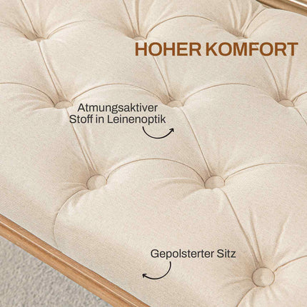 Gepolsterte Bank mit Holzfüßen, 120x41x48 cm, creme
