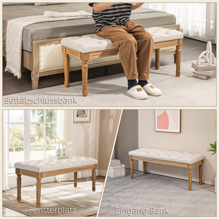 Gepolsterte Bank mit Holzfüßen, 120x41x48 cm, creme