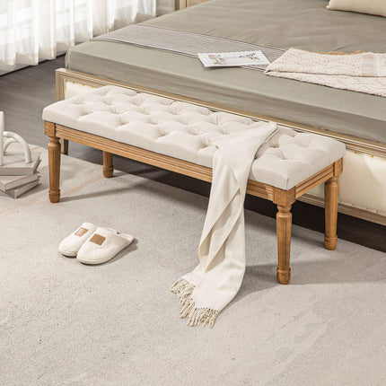 Gepolsterte Bank mit Holzfüßen, 120x41x48 cm, creme