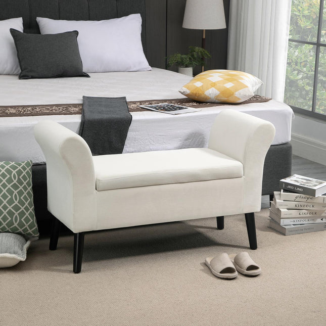 Creamy white velvet upholstered bench with storage space