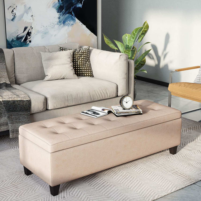 Upholstered storage bench - linen look, beige