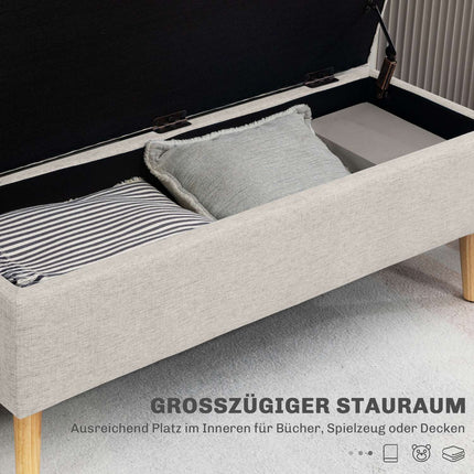 Beige gepolsterte Aufbewahrungsbank – Leinenoptik, 110x39x45 cm