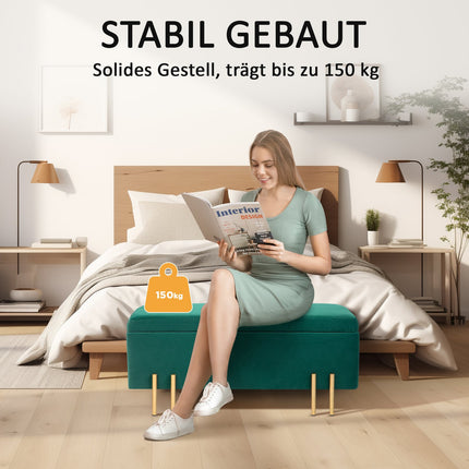Gepolsterte Aufbewahrungsbank, grüner Stoff, 100 x 40 x 42 cm