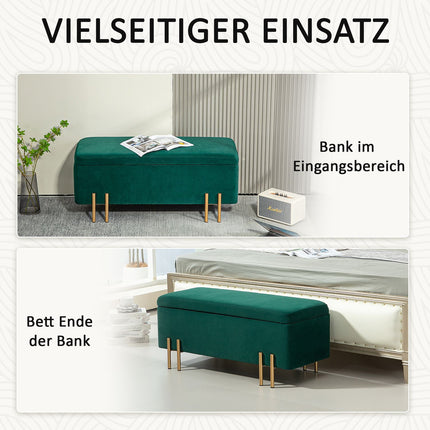 Gepolsterte Aufbewahrungsbank, grüner Stoff, 100 x 40 x 42 cm