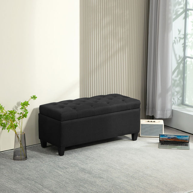 Schwarze, gepolsterte Aufbewahrungsbank – 100x40x44 cm, leinenähnliches Polyester