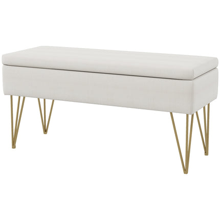 Cream covered storage bench - Linen, steel legs, 100x40x49 cm
