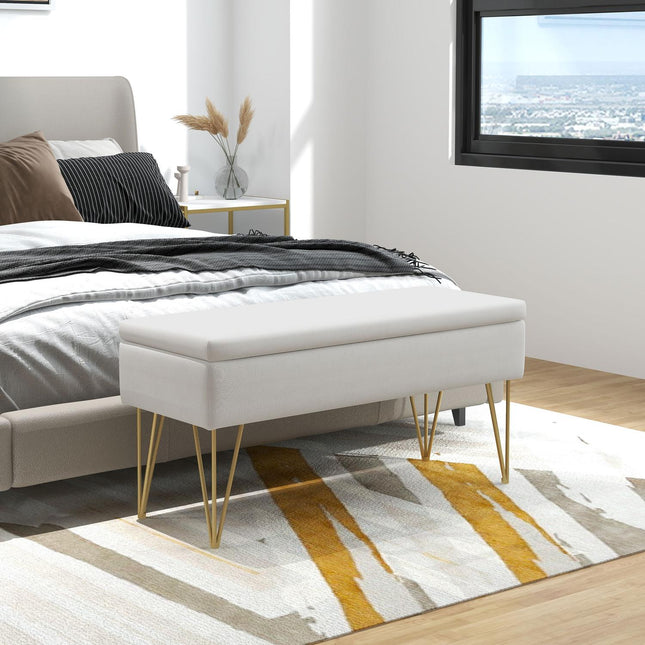 Cremefarbene Polsterbank mit Stauraum - Leinen, Stahlbeine, 100x40x49 cm