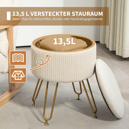 Storage bench, velvet covered, cream colored, steel frame