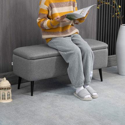 Sitzbank mit Stauraum in Leinenoptik, Stahlbeine, 102 x 40 x 44 cm