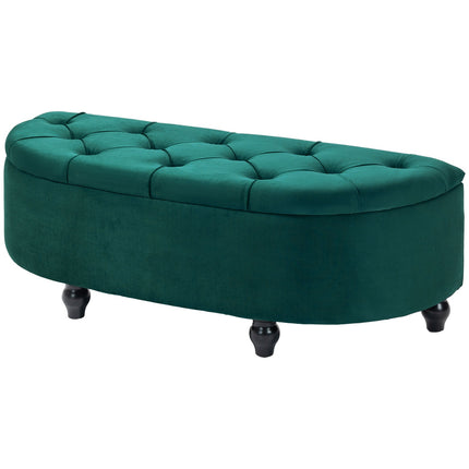 Banc avec rangement, coffre d'assise avec couvercle ouvert, toucher velours, banc rembourré, bois d'hévéa, vert foncé, 120 x 46 x 42 cm