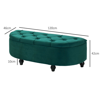 Banc avec rangement, coffre d'assise avec couvercle ouvert, toucher velours, banc rembourré, bois d'hévéa, vert foncé, 120 x 46 x 42 cm