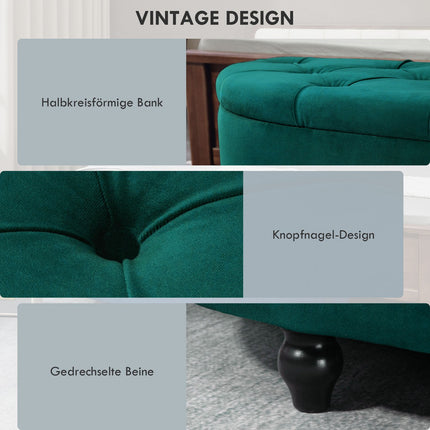 Banc avec rangement, coffre d'assise avec couvercle ouvert, toucher velours, banc rembourré, bois d'hévéa, vert foncé, 120 x 46 x 42 cm