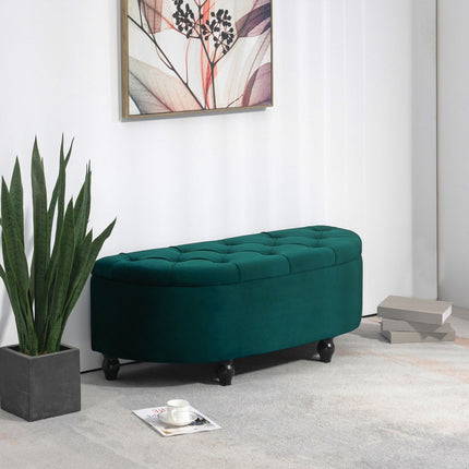 Banc avec rangement, coffre d'assise avec couvercle ouvert, toucher velours, banc rembourré, bois d'hévéa, vert foncé, 120 x 46 x 42 cm