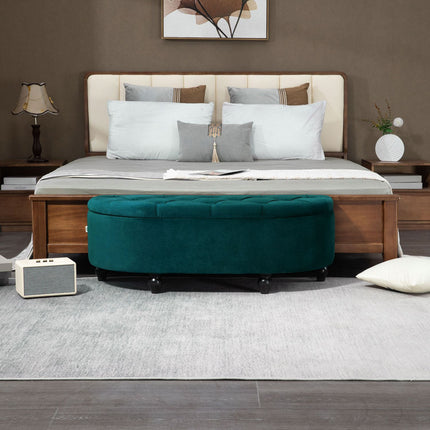 Banc avec rangement, coffre d'assise avec couvercle ouvert, toucher velours, banc rembourré, bois d'hévéa, vert foncé, 120 x 46 x 42 cm