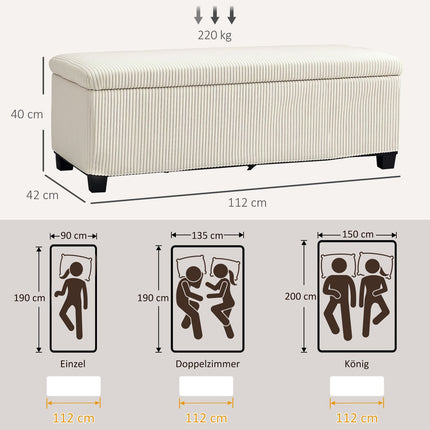 Beige gepolsterte Aufbewahrungsbank, Stahlbeine, 112 x 42 x 40 cm
