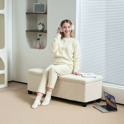 Beige gepolsterte Aufbewahrungsbank, Stahlbeine, 112 x 42 x 40 cm