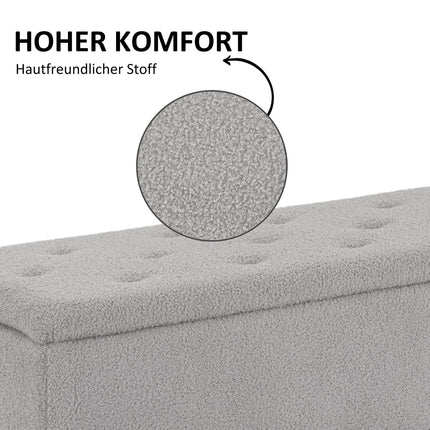 Banc avec rangement, banc rembourré avec couvercle à charnière, aspect velours, banc coffre, pour salon, chambre, gris, 95 x 38 x 45 cm