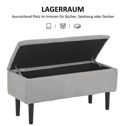 Banc avec rangement, banc rembourré avec couvercle à charnière, aspect velours, banc coffre, pour salon, chambre, gris, 95 x 38 x 45 cm