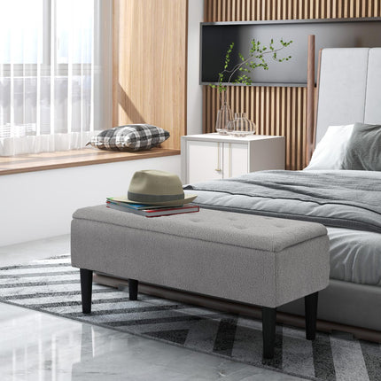 Banc avec rangement, banc rembourré avec couvercle à charnière, aspect velours, banc coffre, pour salon, chambre, gris, 95 x 38 x 45 cm