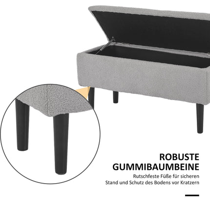 Banc avec rangement, banc rembourré avec couvercle à charnière, aspect velours, banc coffre, pour salon, chambre, gris, 95 x 38 x 45 cm