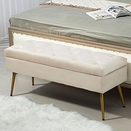 Upholstered storage bench, velvet look, beige, 102 x 35 x 43 cm