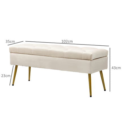 Upholstered storage bench, velvet look, beige, 102 x 35 x 43 cm