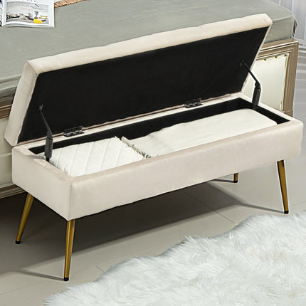 Upholstered storage bench, velvet look, beige, 102 x 35 x 43 cm