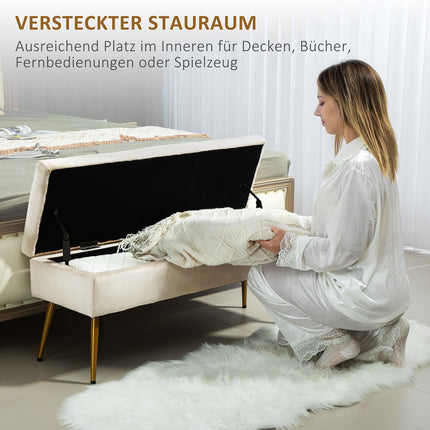 Upholstered storage bench, velvet look, beige, 102 x 35 x 43 cm