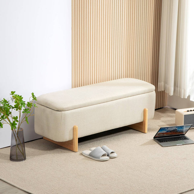 Upholstered bench with storage, linen look, wooden legs