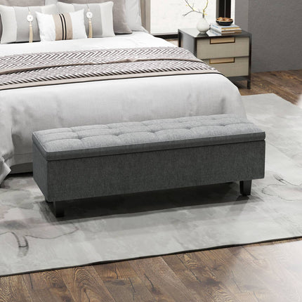 Banc avec rangement, banc rembourré aspect lin, pieds en bois, banc de lit moderne pour couloir, chambre, salon, 138 x 40 x 45 cm, gris foncé