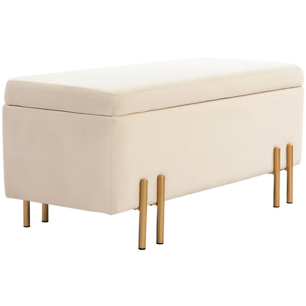 Beige samtblbezogene Aufbewahrungsbank mit Holzbeinen