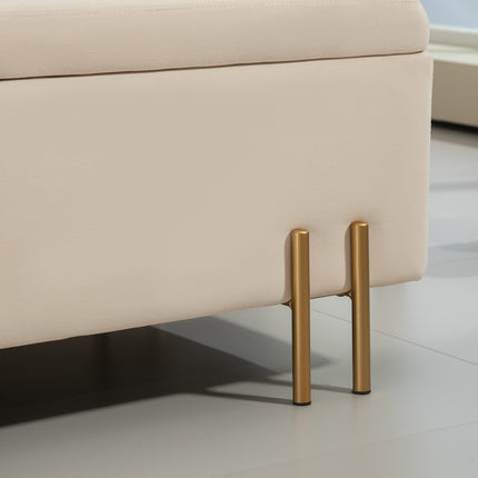 Beige samtblbezogene Aufbewahrungsbank mit Holzbeinen
