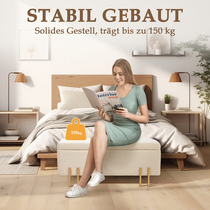 Beige samtblbezogene Aufbewahrungsbank mit Holzbeinen
