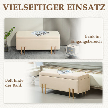 Beige samtblbezogene Aufbewahrungsbank mit Holzbeinen