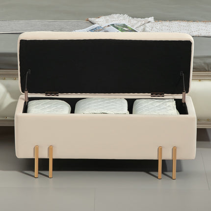 Beige samtblbezogene Aufbewahrungsbank mit Holzbeinen
