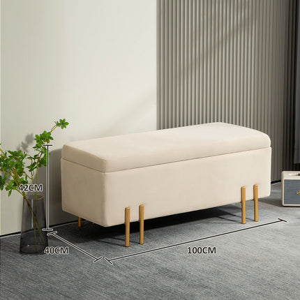 Beige samtblbezogene Aufbewahrungsbank mit Holzbeinen