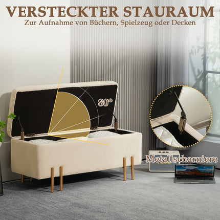 Beige samtblbezogene Aufbewahrungsbank mit Holzbeinen