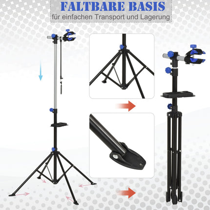 Fahrradmontageständer mit Ablage, verstellbar, vierbeinig, schwarz