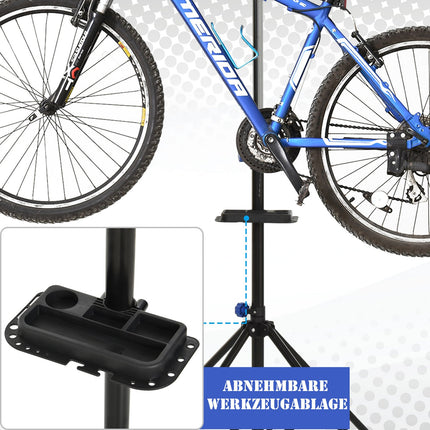 Fahrradmontageständer mit Ablage, verstellbar, vierbeinig, schwarz