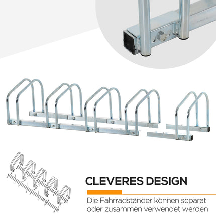 Support à vélo, résistant aux intempéries, durable, fixation au sol et au mur, acier, jusqu'à 5 vélos, argent, 145 x 33 x 27 cm