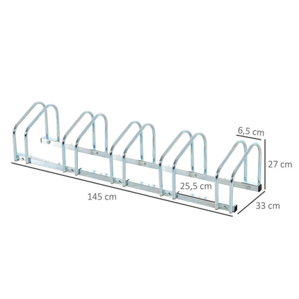 Support à vélo, résistant aux intempéries, durable, fixation au sol et au mur, acier, jusqu'à 5 vélos, argent, 145 x 33 x 27 cm