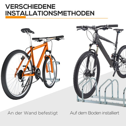 Support à vélo, résistant aux intempéries, durable, fixation au sol et au mur, acier, jusqu'à 5 vélos, argent, 145 x 33 x 27 cm